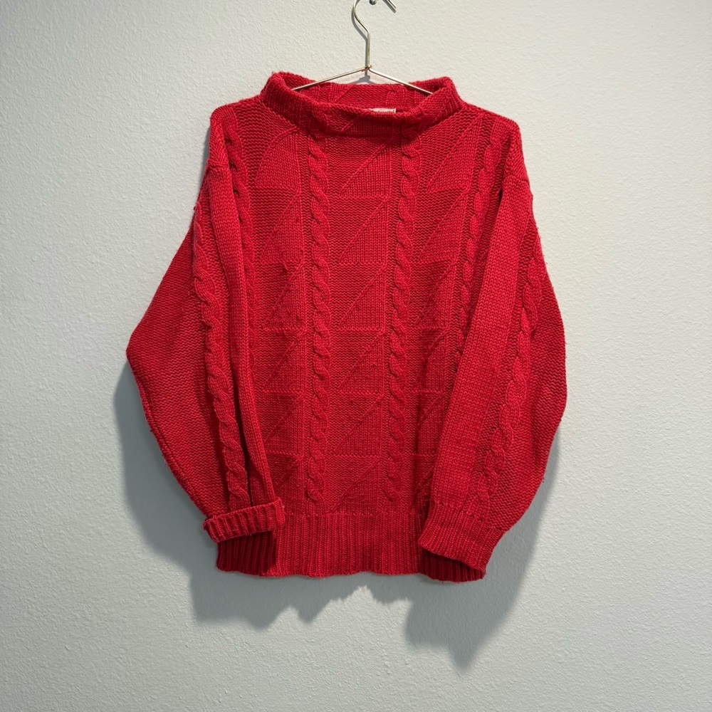 Vtg 90s Red Chunky Cable Knit Sweater, Braided Crazy Horse